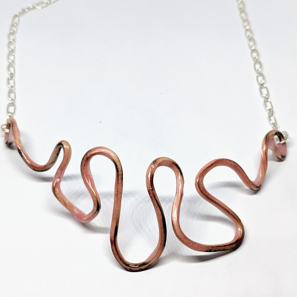 Pale Pink Enamel Wire Necklace on Silver Chain